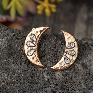 Hammered Moon Shaped Earrings, Celestial Gold tone Stud Earrings